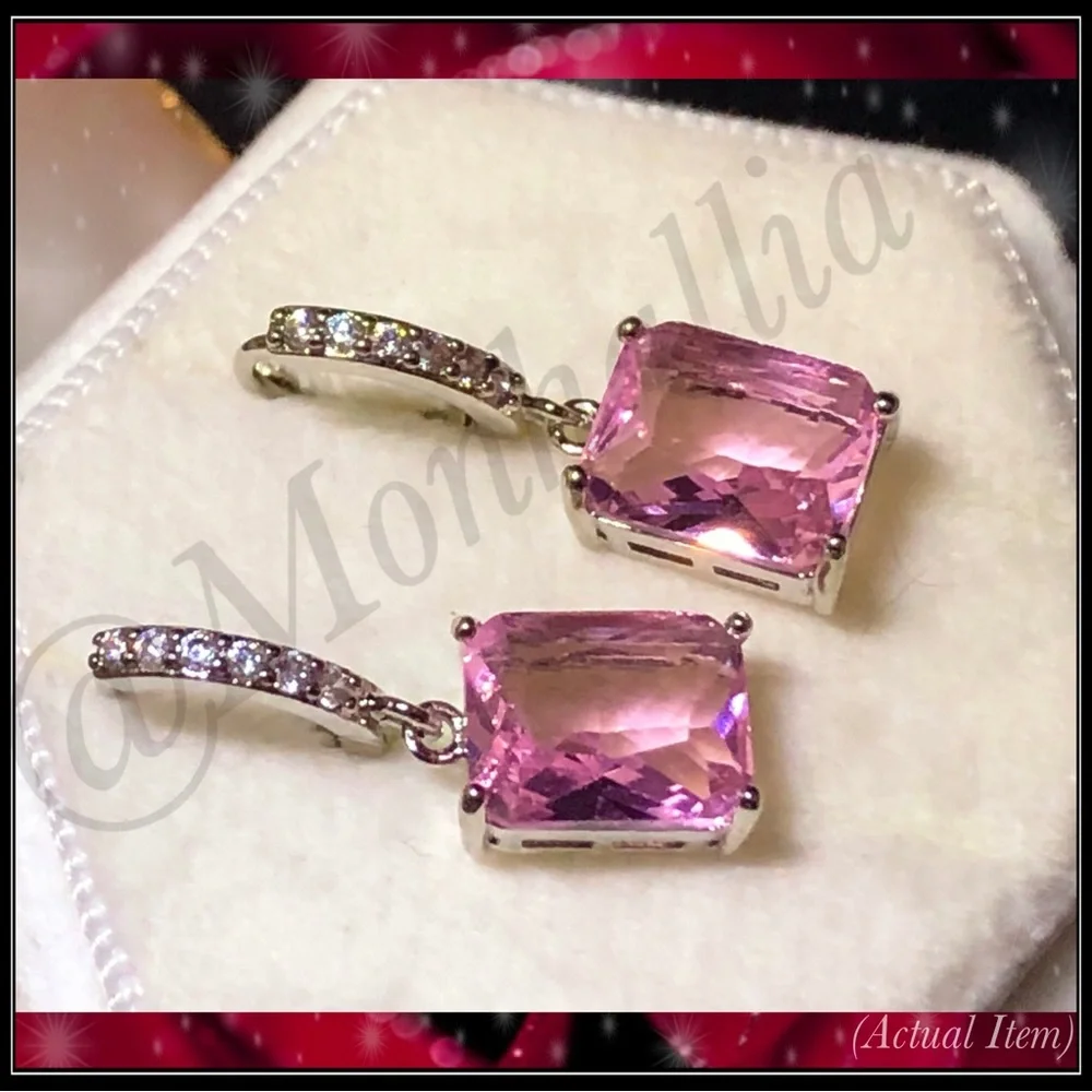 NEW WHITE GOLD BAGUETTE SQUARE PRINCESS PINK SAPPHIRE AMETHYST DIAMOND EARRINGS